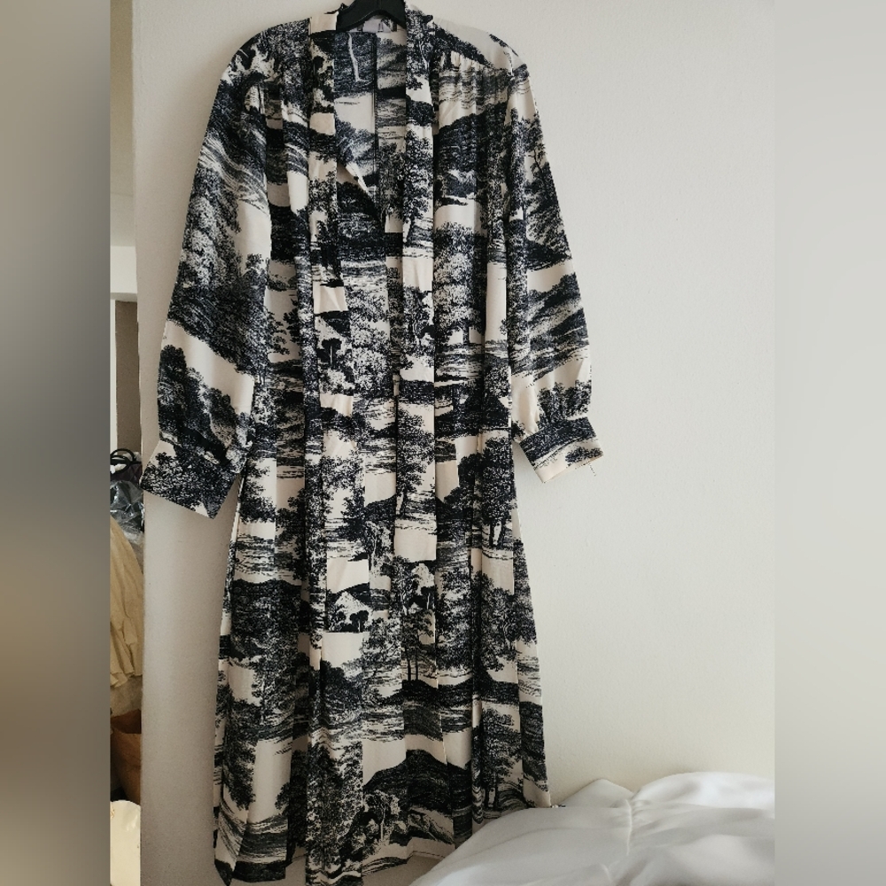 H&M tie-neck dress midi balloon sleeves cream patterned gray/cream BNWT